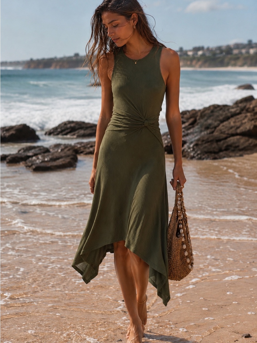 Anthropologie Sleeveless Olive Green Twist-Knot Handkerchief Hem Dress XS